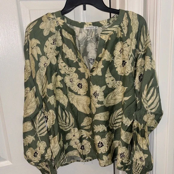 Staccato Olive Green Floral Split-Neck Blouse - Picture 1 of 6